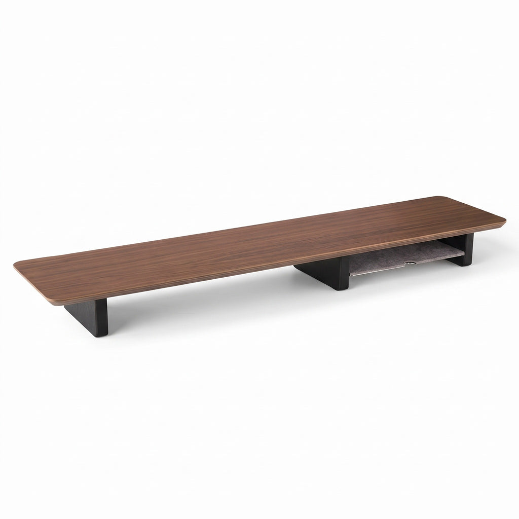 Villach walnut tone monitor stand with black legs and felt lined tray