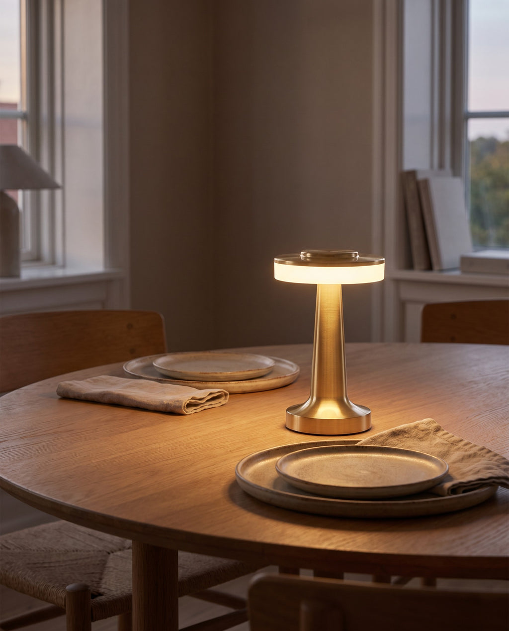 Montreux gold cordless lamp on a round oak dining table