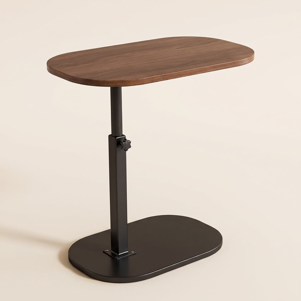 Nordlingen height adjustable C side table with walnut tone oval top on a light background