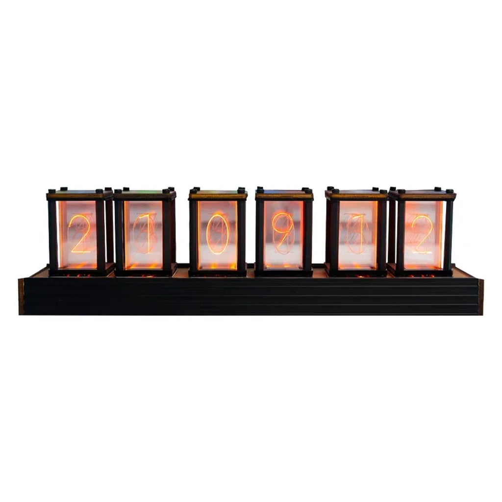 Pforzheim nixie style desk clock with six glowing tubes on a white background