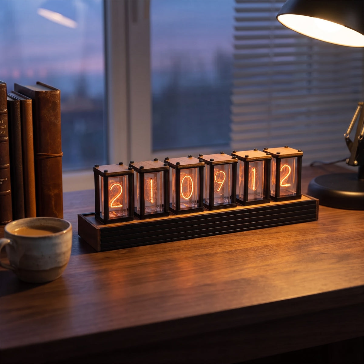 Pforzheim nixie style clock glowing on a walnut desk in the evening