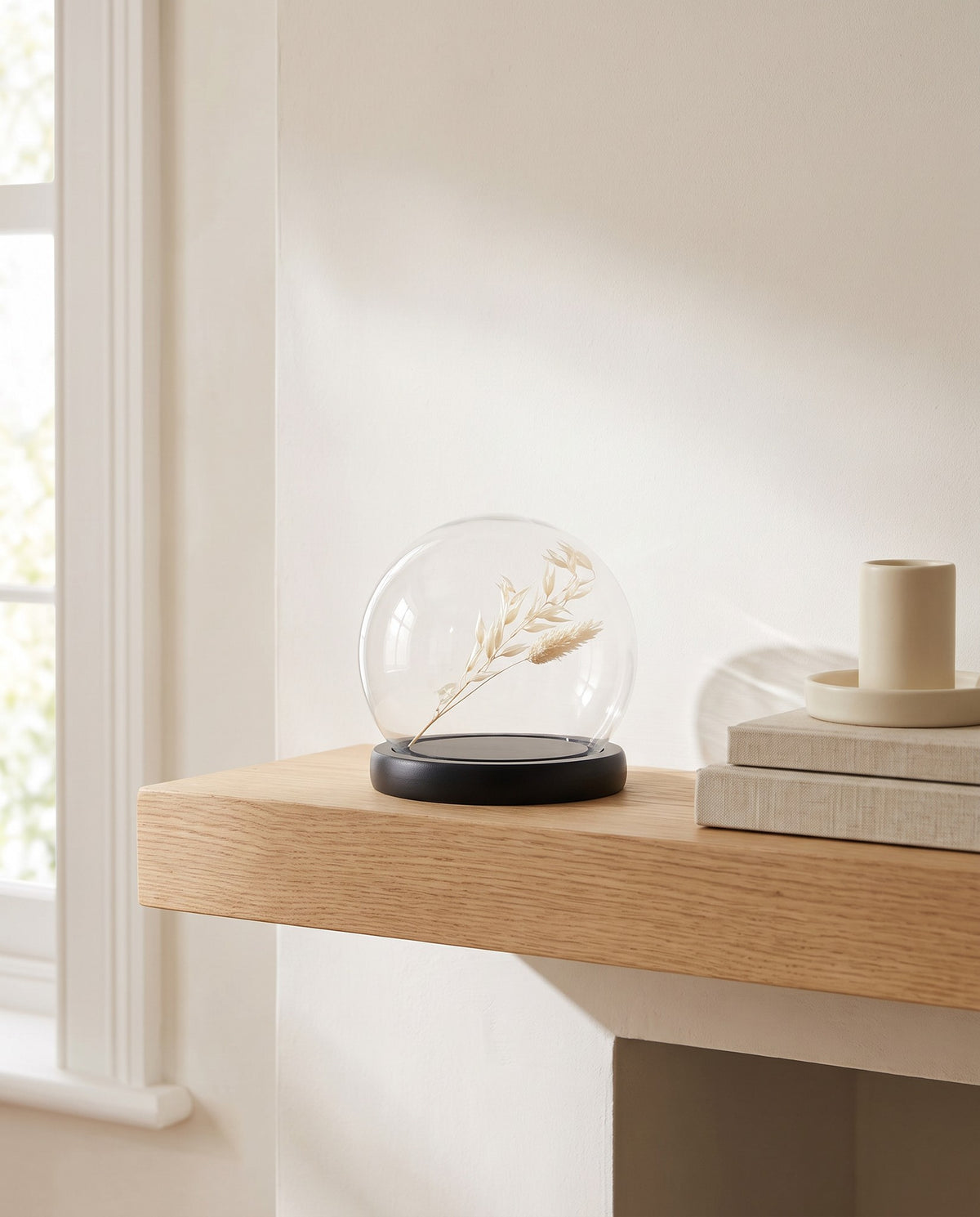 Prerow glass cloche with dried grasses on an oak shelf