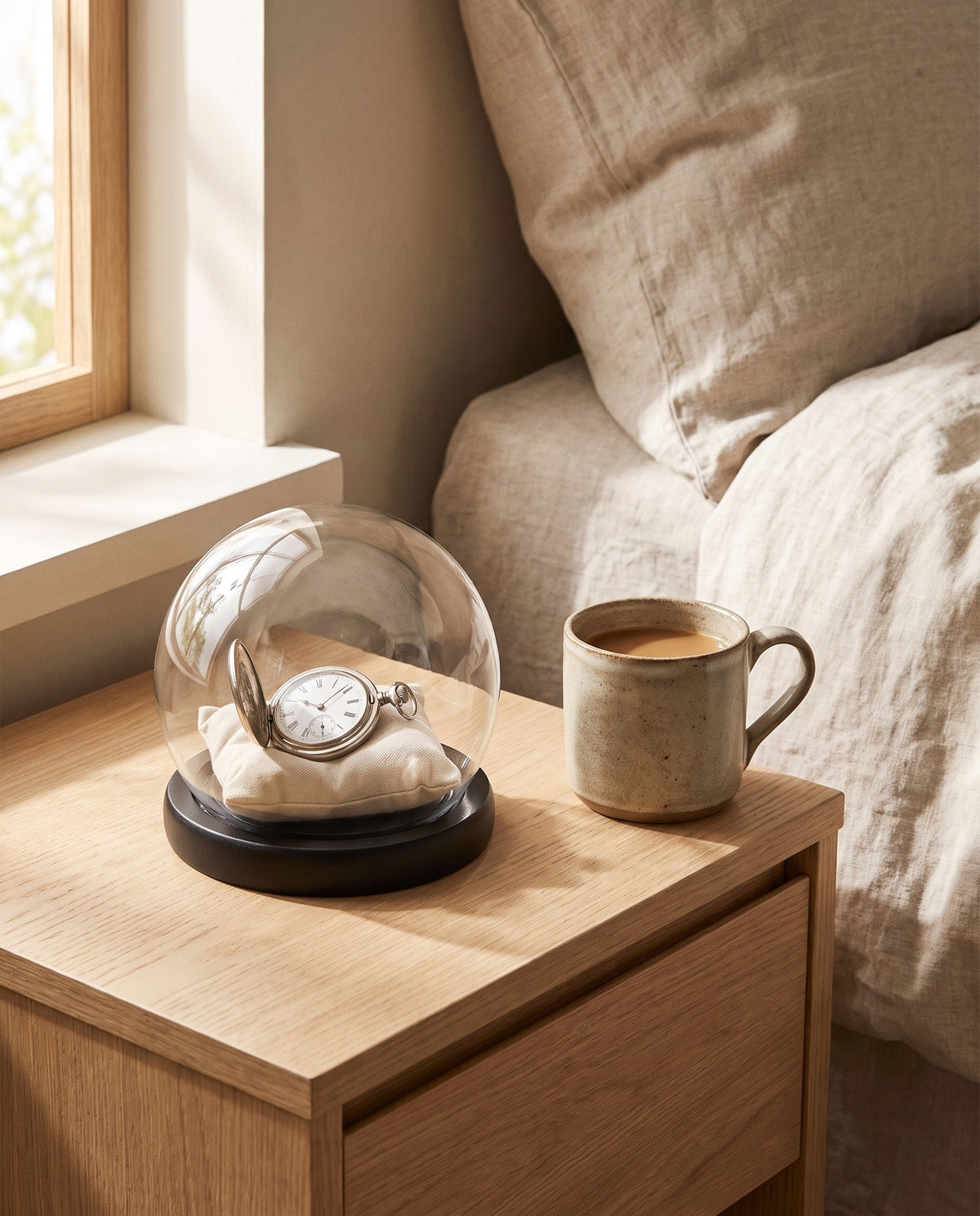 Prerow glass cloche keeping a pocket watch on a bedside table beside a mug