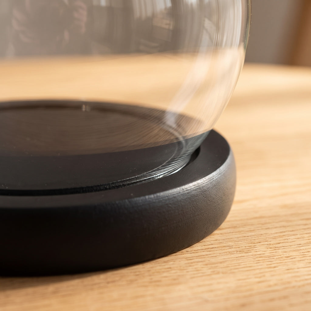 Close up of the glass dome sitting in the black wood base