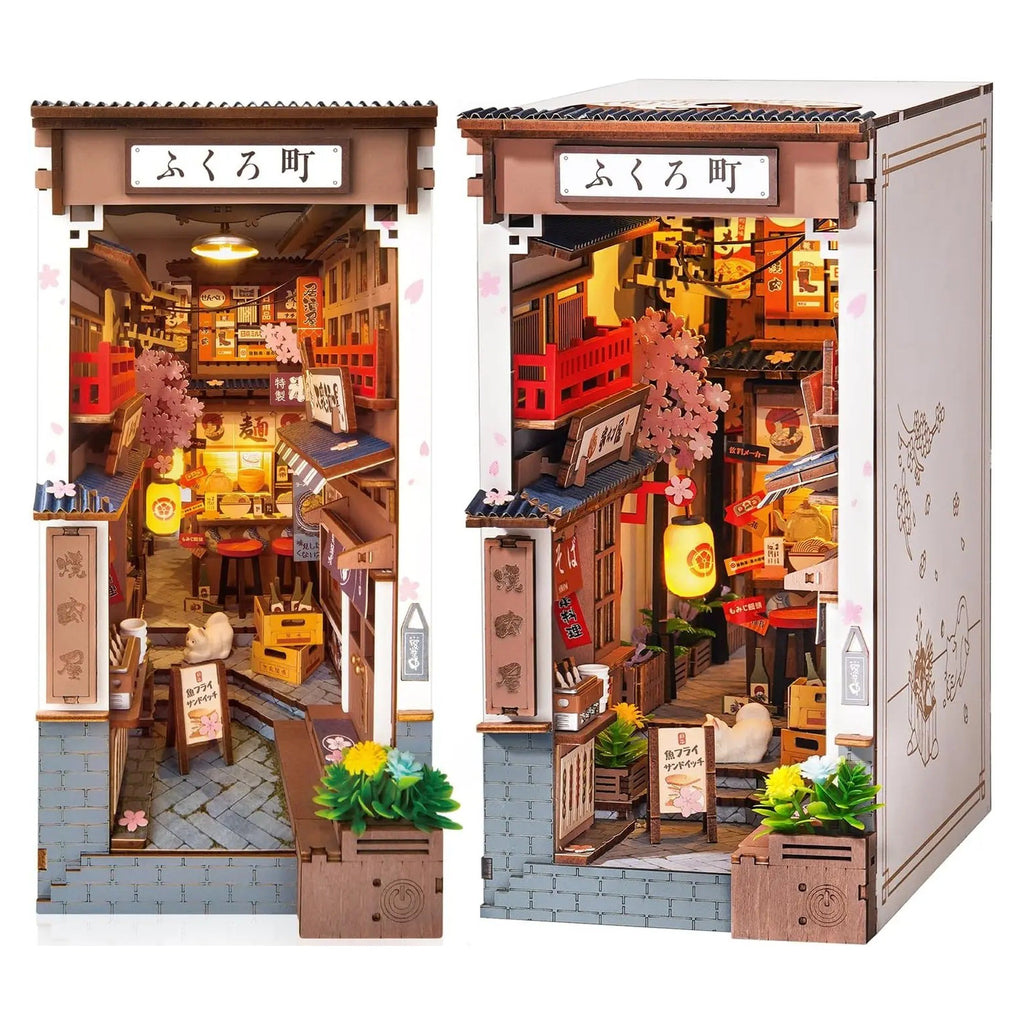 Quedlinburg book nook kit built, front and side view on a white background
