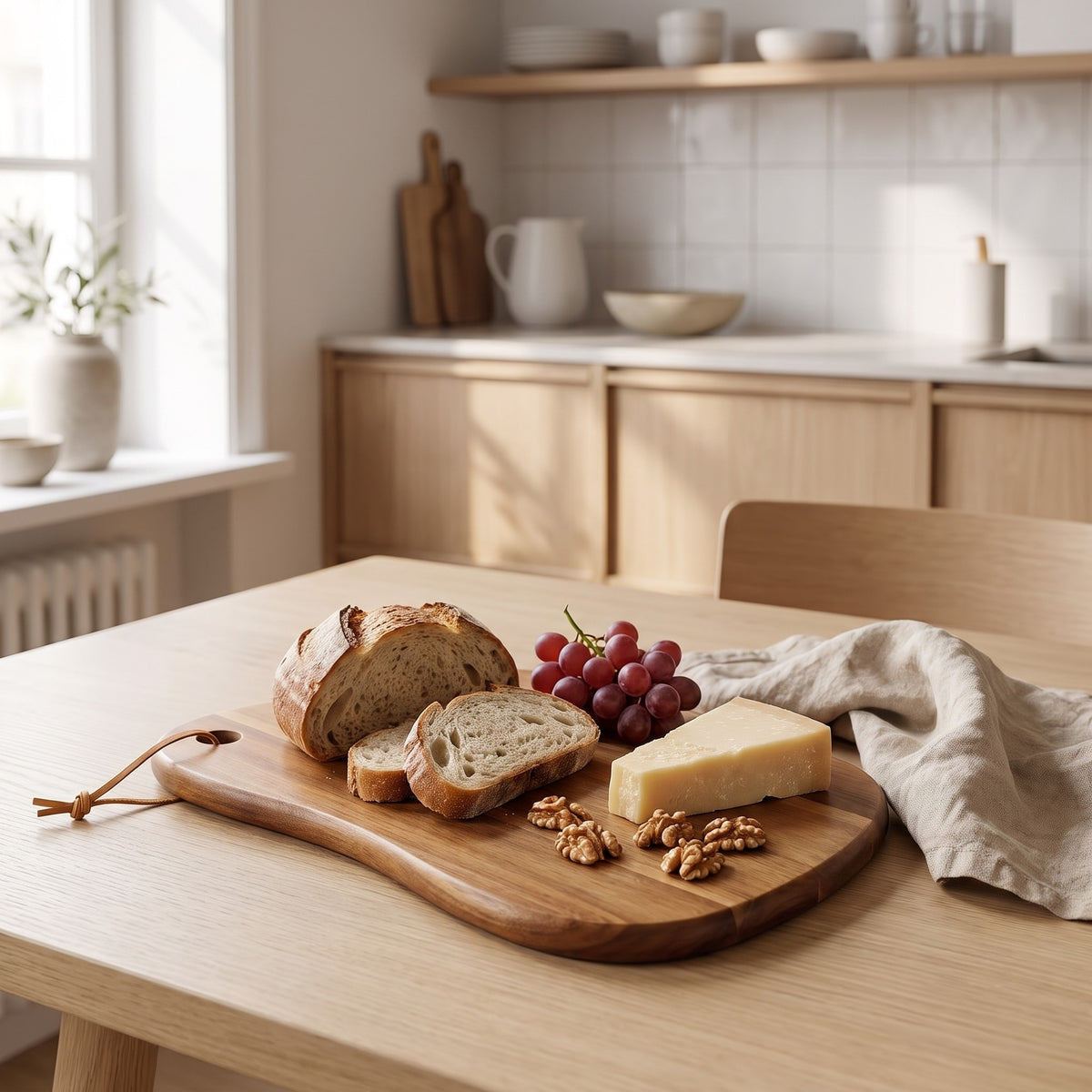 Rinteln serving board with bread, cheese, grapes and walnuts on an oak kitchen table