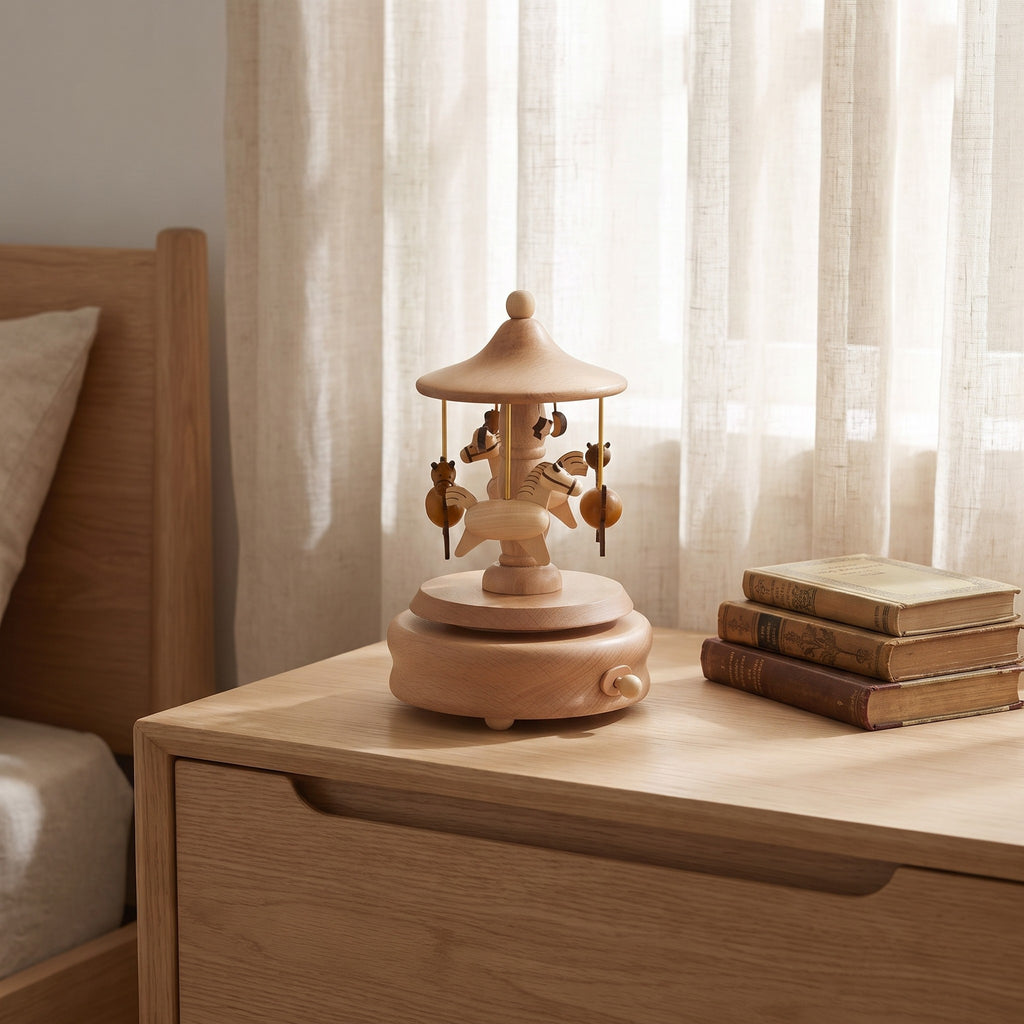 Seiffen carousel music box on an oak chest of drawers in a calm bedroom