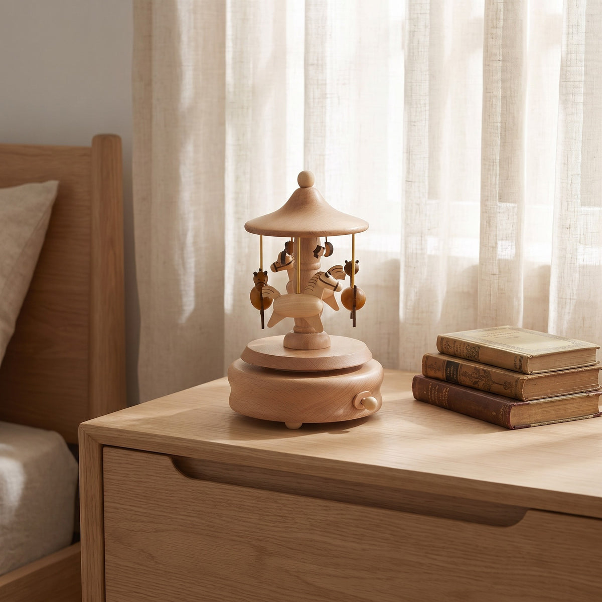 Seiffen carousel music box on an oak chest of drawers in a calm bedroom