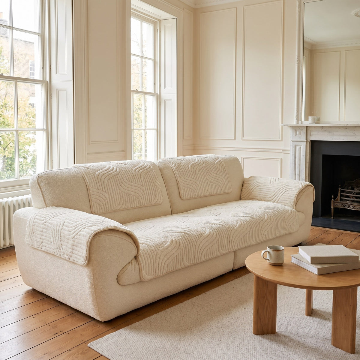 Skanderborg Cream sofa pads on a sofa in a period living room with a fireplace