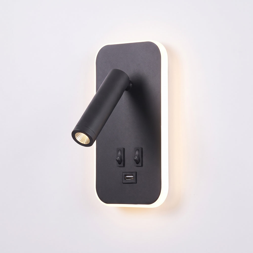 Tonning black wall reading light with the halo switched on, on white