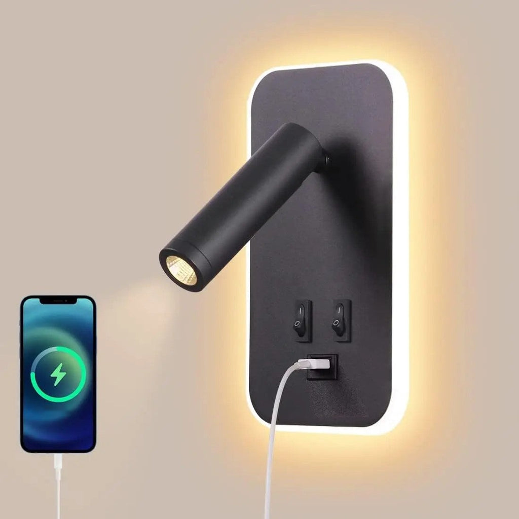 Tonning wall light charging a phone from its USB port, product photo