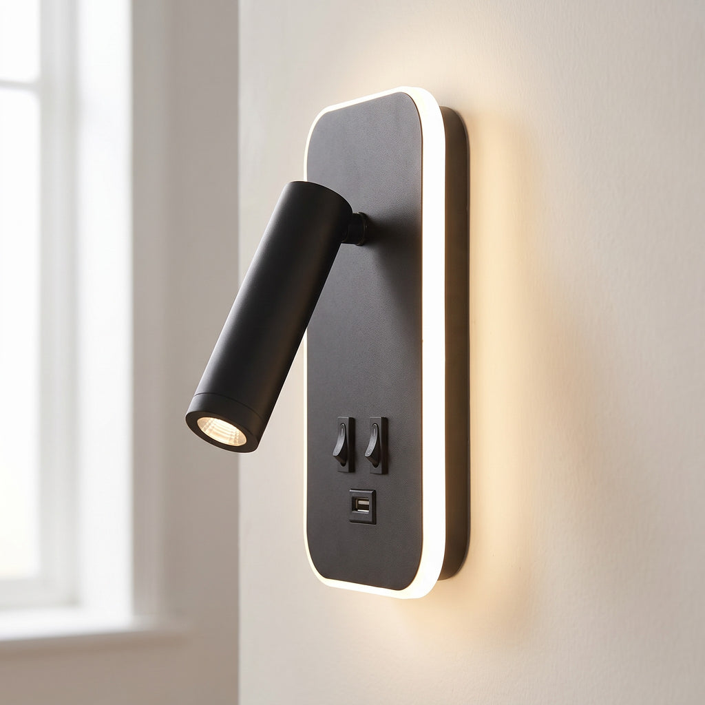 Close up of the Tonning reading arm, switches and USB port with the halo lit