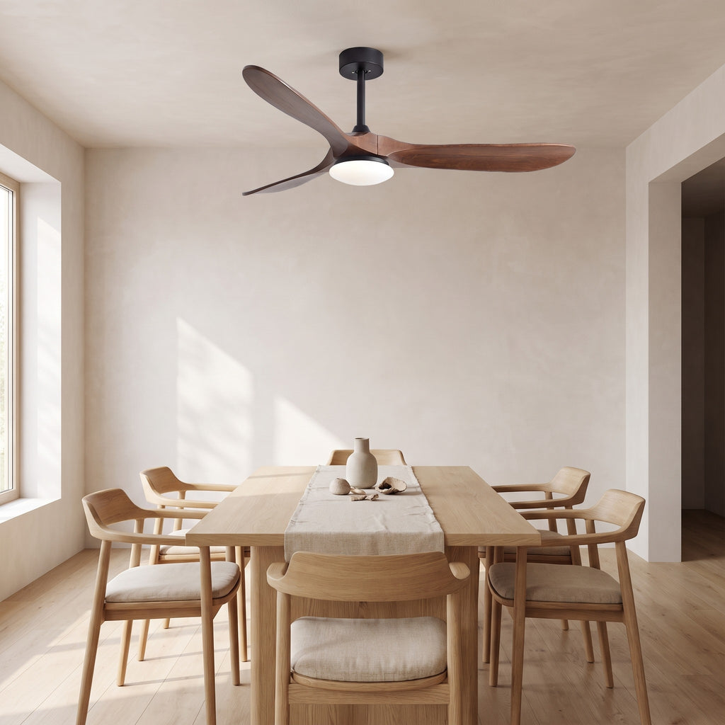 Turku ceiling fan in Dark Walnut Tone above a dining table