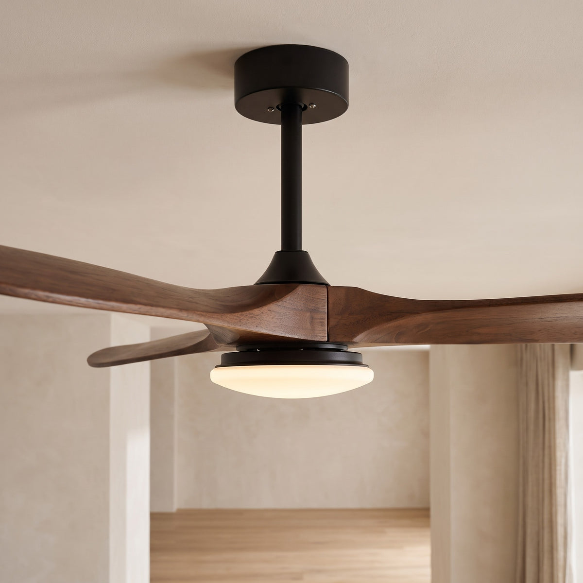 Close up of the Turku Dark Walnut Tone blades, black body and LED light