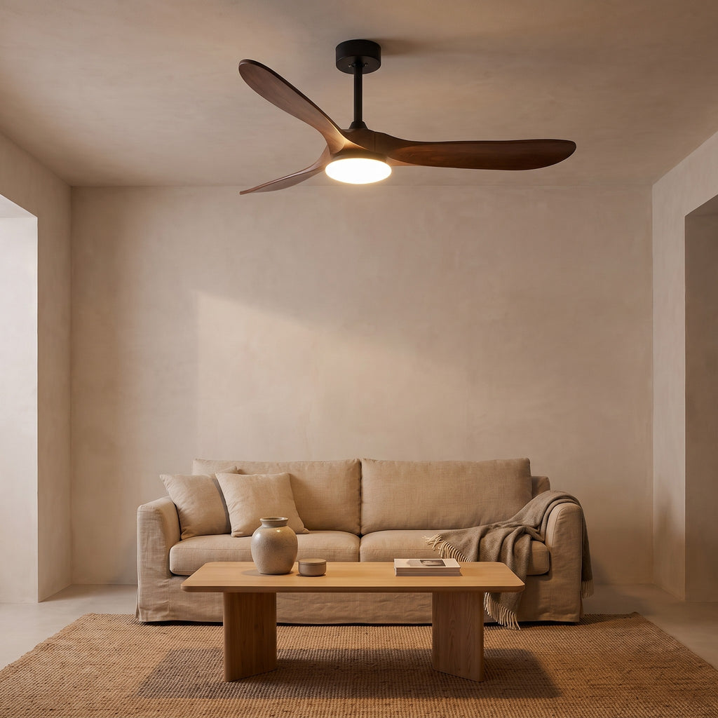 Turku Dark Walnut Tone ceiling fan lit in a living room