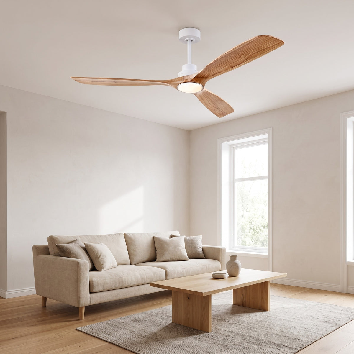 Turku ceiling fan in Light Oak in a bright living room