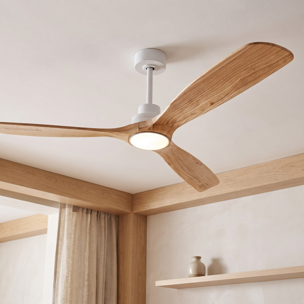 Close up of the Turku Light Oak blades, white body and LED light