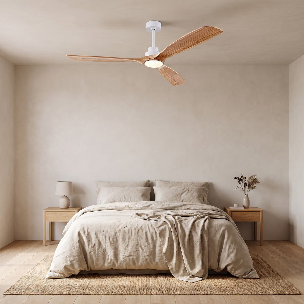 Turku Light Oak ceiling fan above a double bed