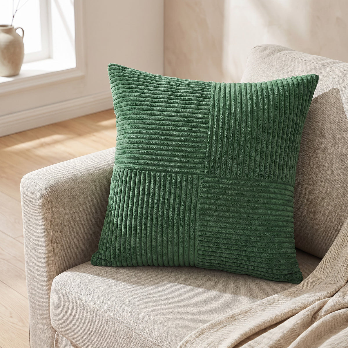 Close up of the Vaasa corduroy patchwork panels and ribbed texture
