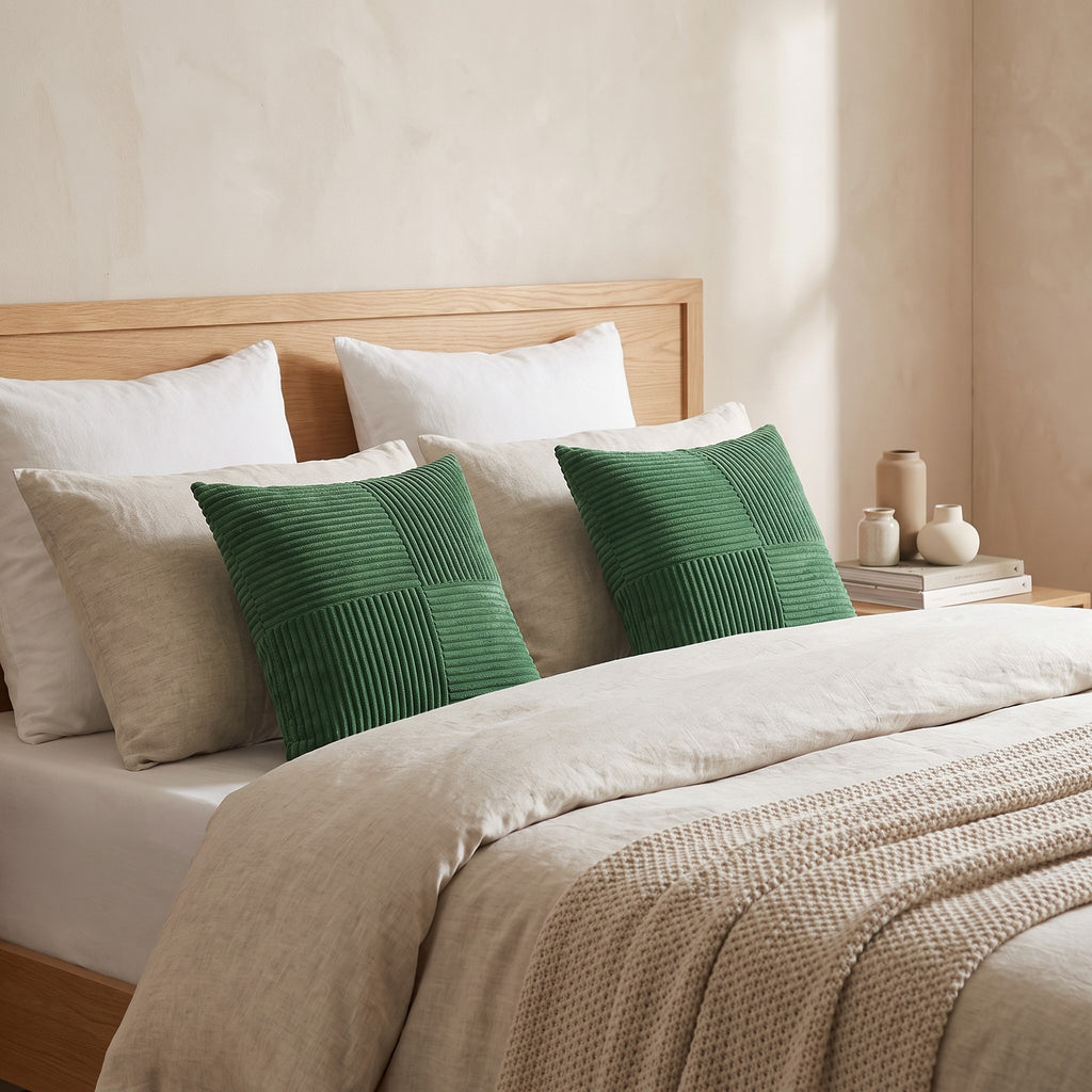 Pair of Vaasa forest green corduroy cushions on a linen bed