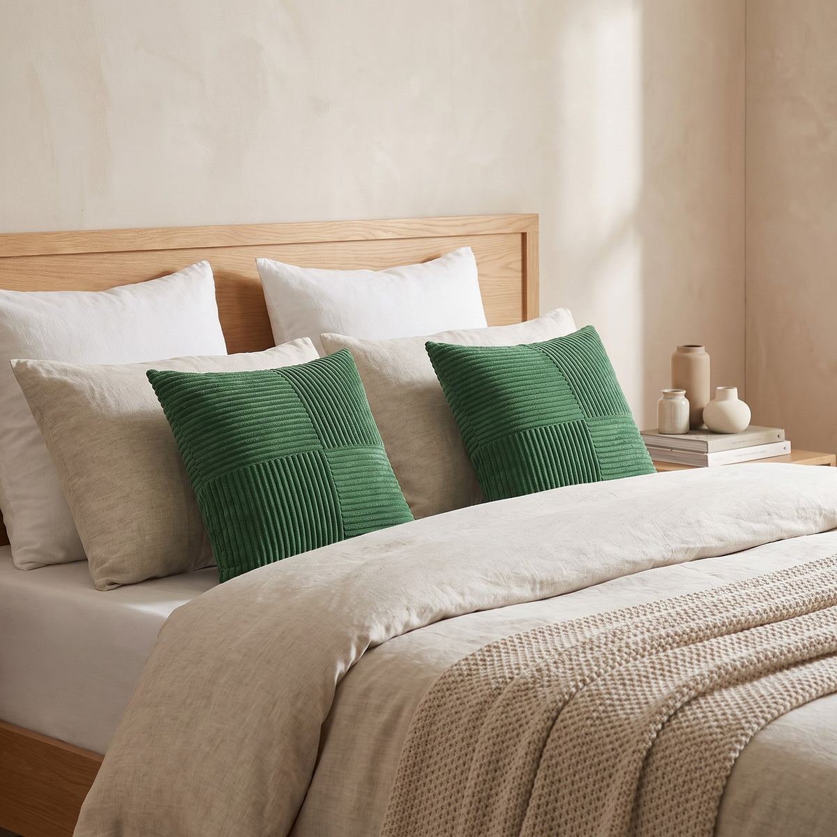 Pair of Vaasa forest green corduroy cushions on a linen bed