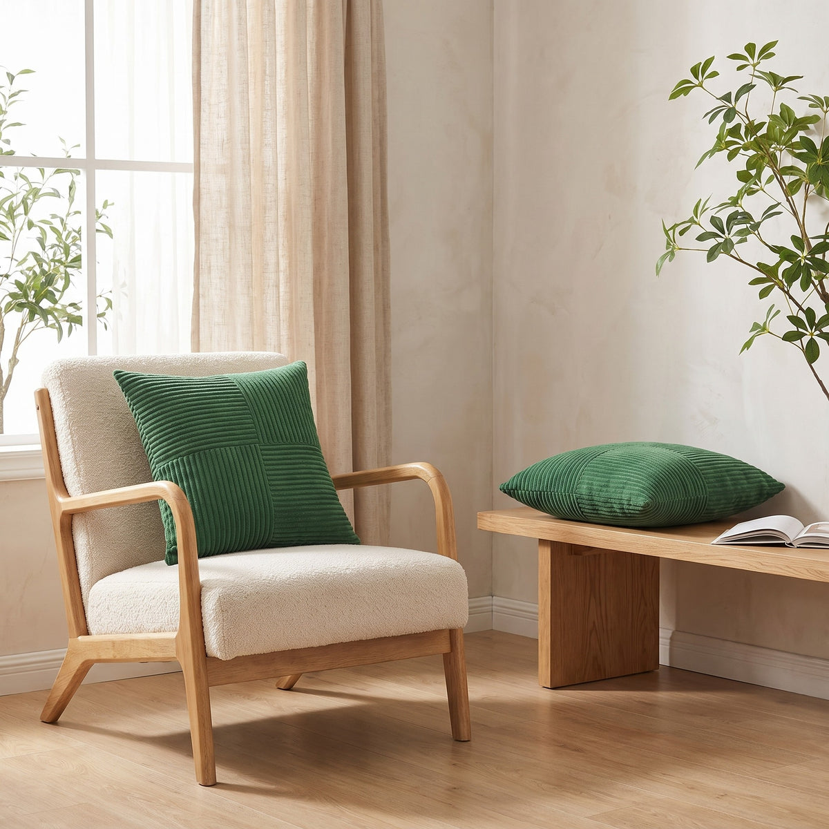 Vaasa corduroy cushion on an oak lounge chair, second cushion on a bench