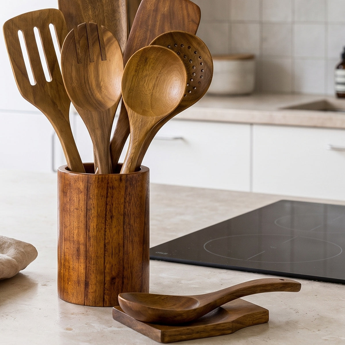 Vejen teak utensils and holder close up