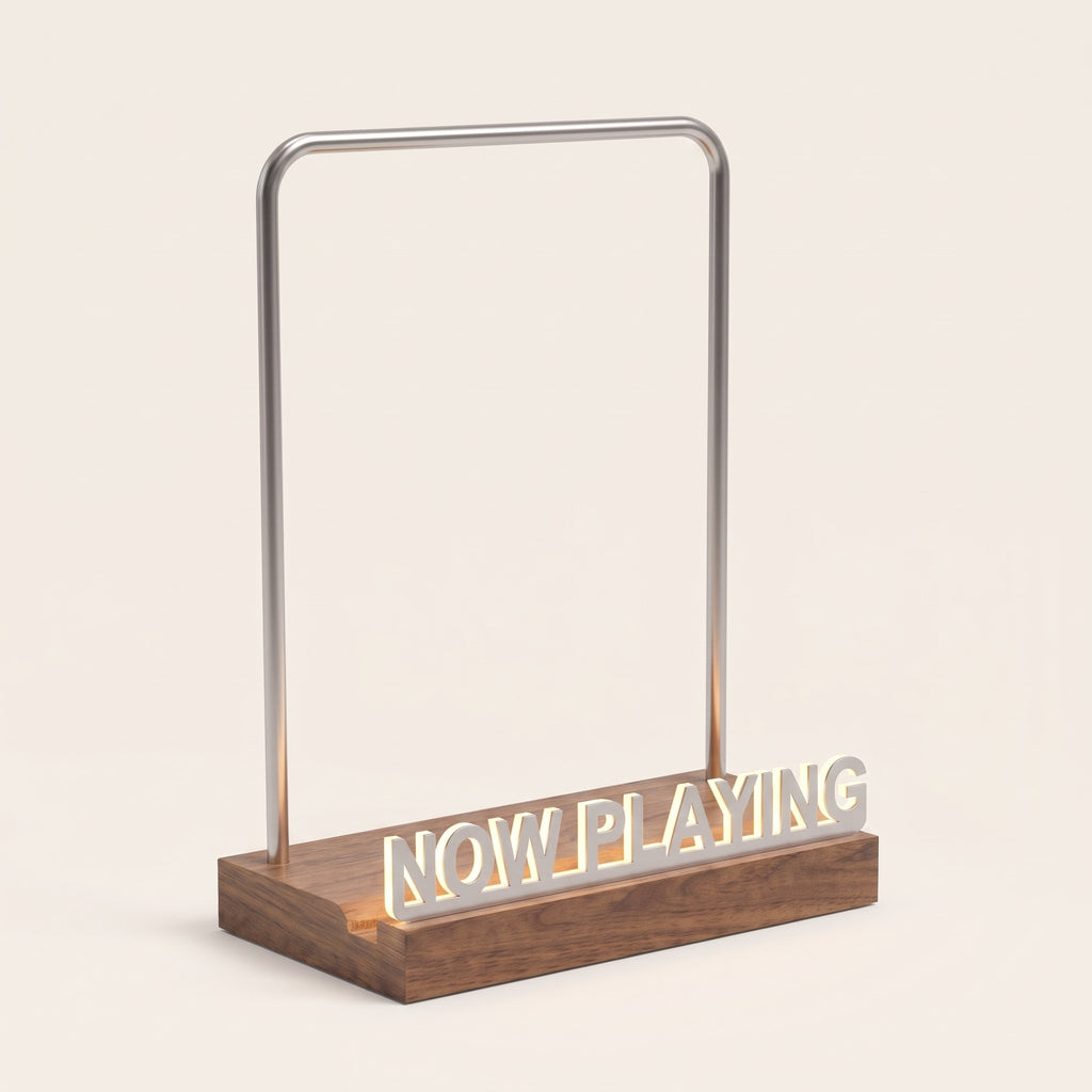 Viersen Now Playing record stand, wood base and steel back support, on a light background