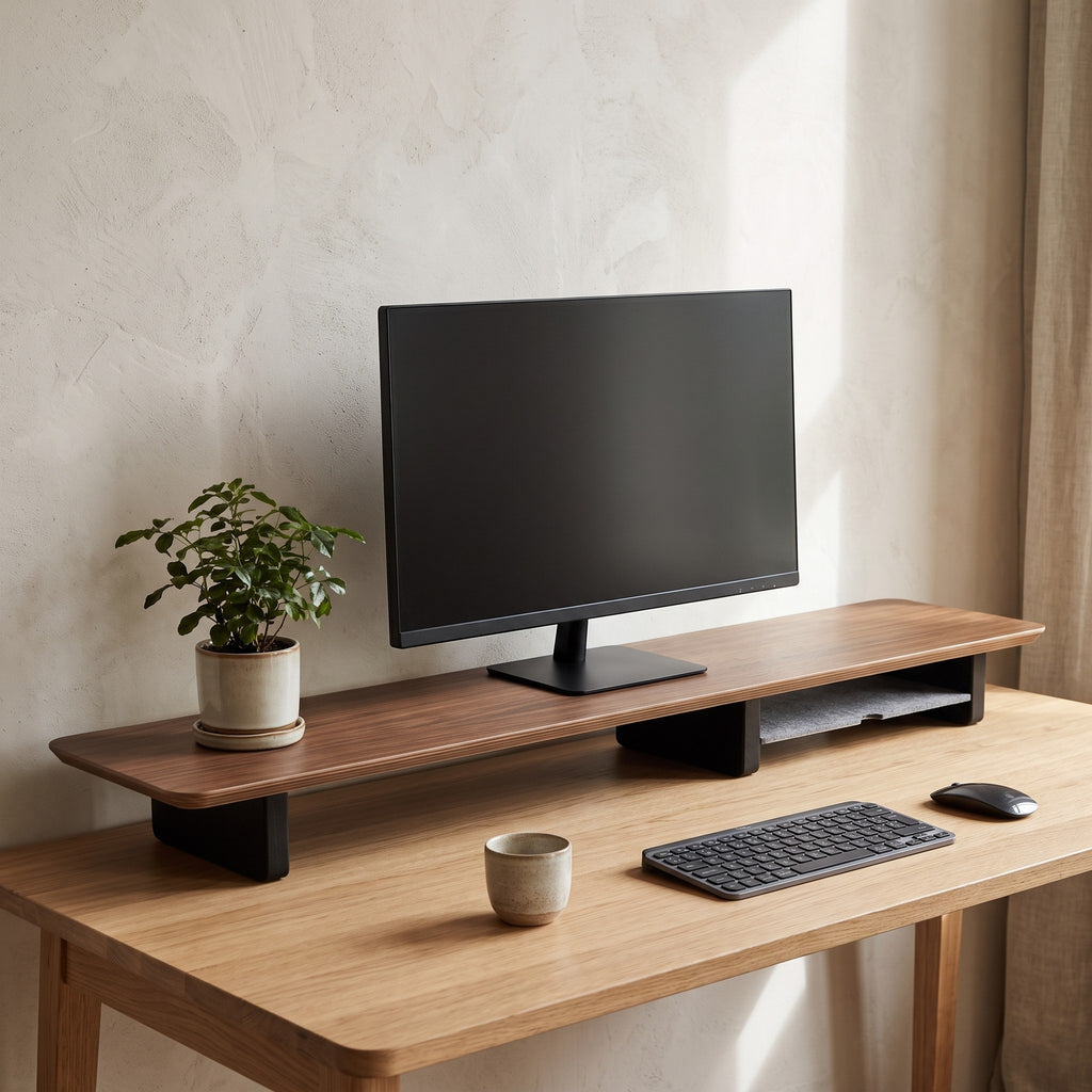 Villach walnut tone monitor stand raising a monitor on an oak desk