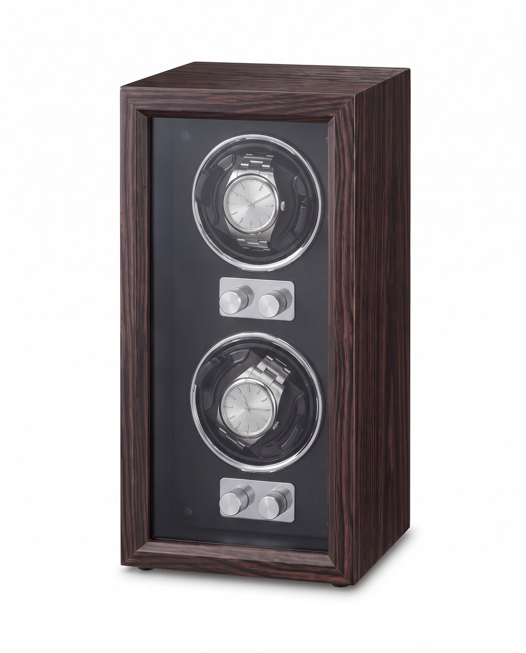 Weiden upright watch winder for two watches in walnut finish, on white