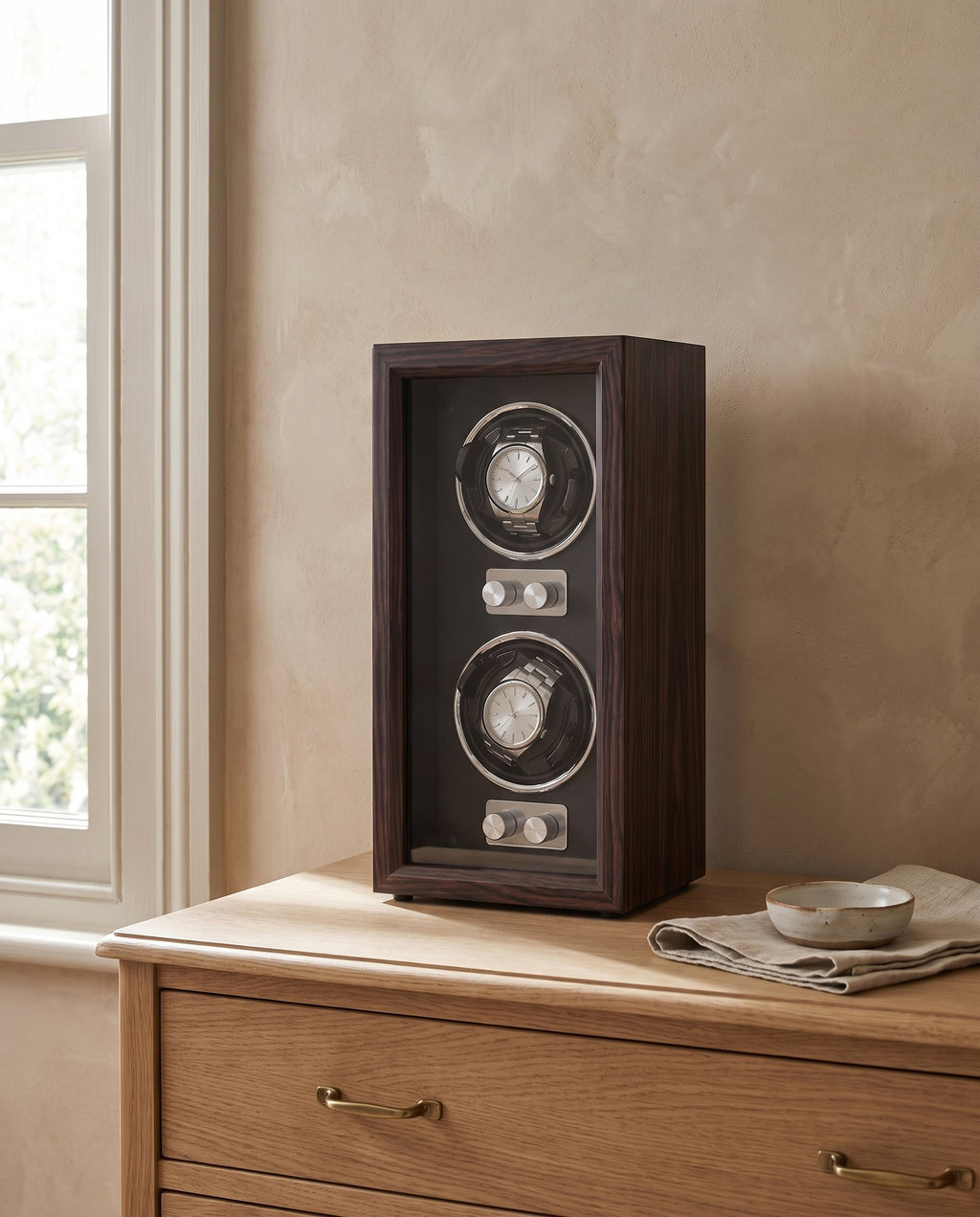 Weiden two watch winder on an oak chest of drawers in a bedroom