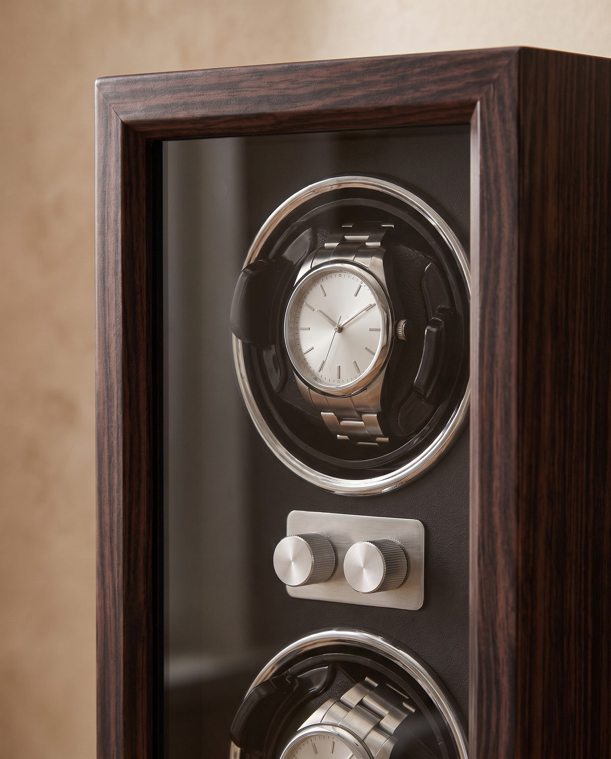 Close up of the Weiden walnut frame, glass door, watch holder and controls