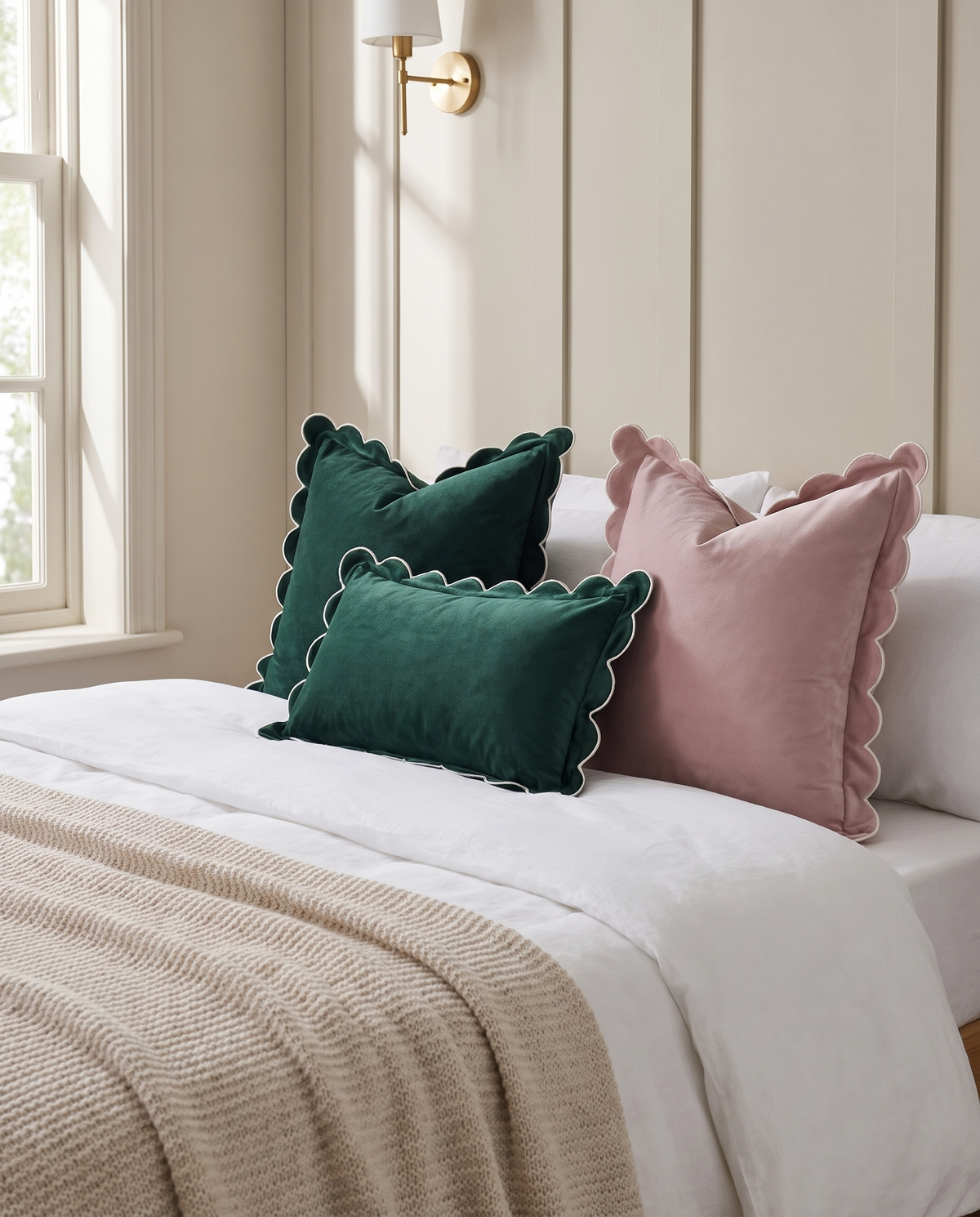 Green and pink scalloped velvet cushions on a bed