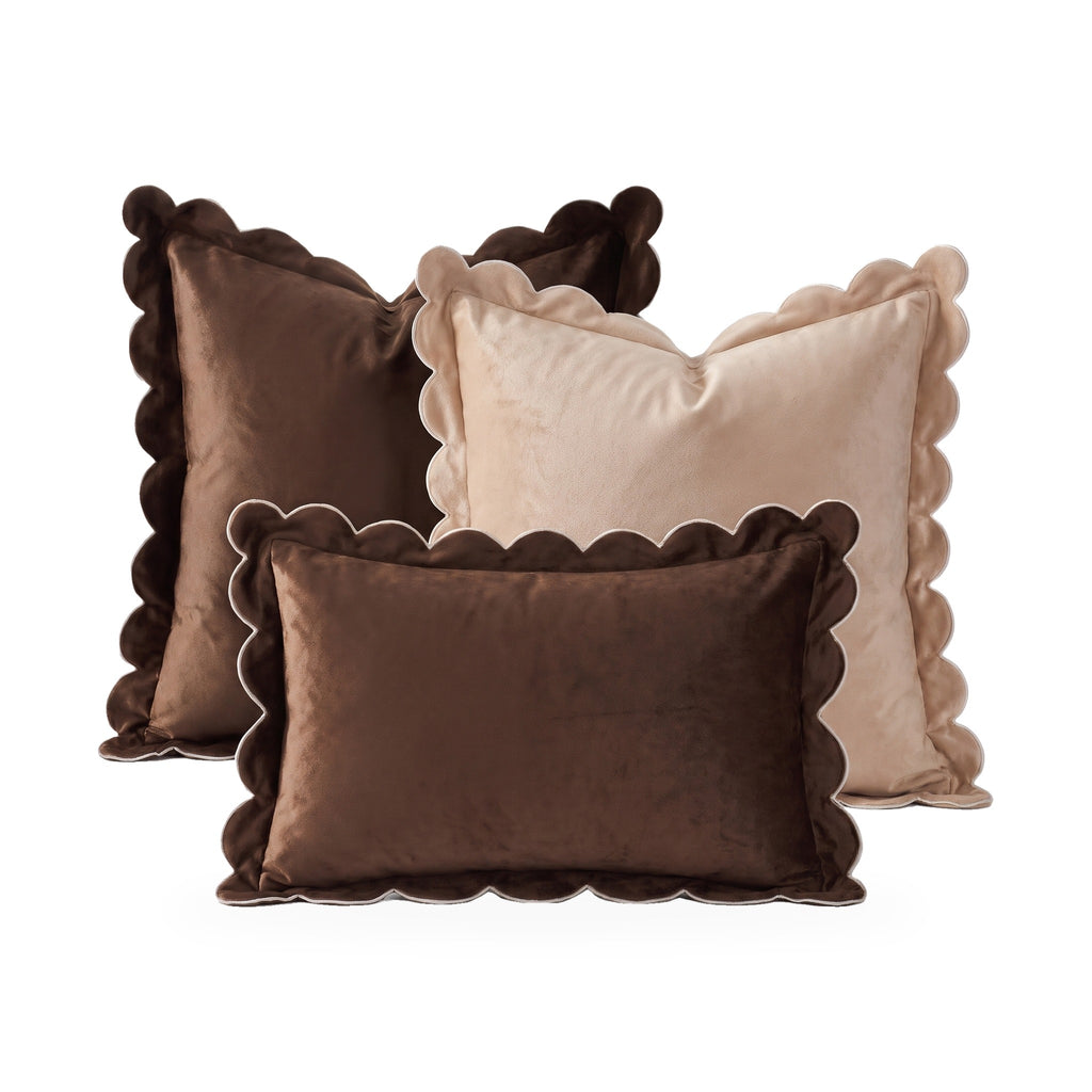 Wolgast set of three scalloped velvet cushion covers in coffee and sand on a white background
