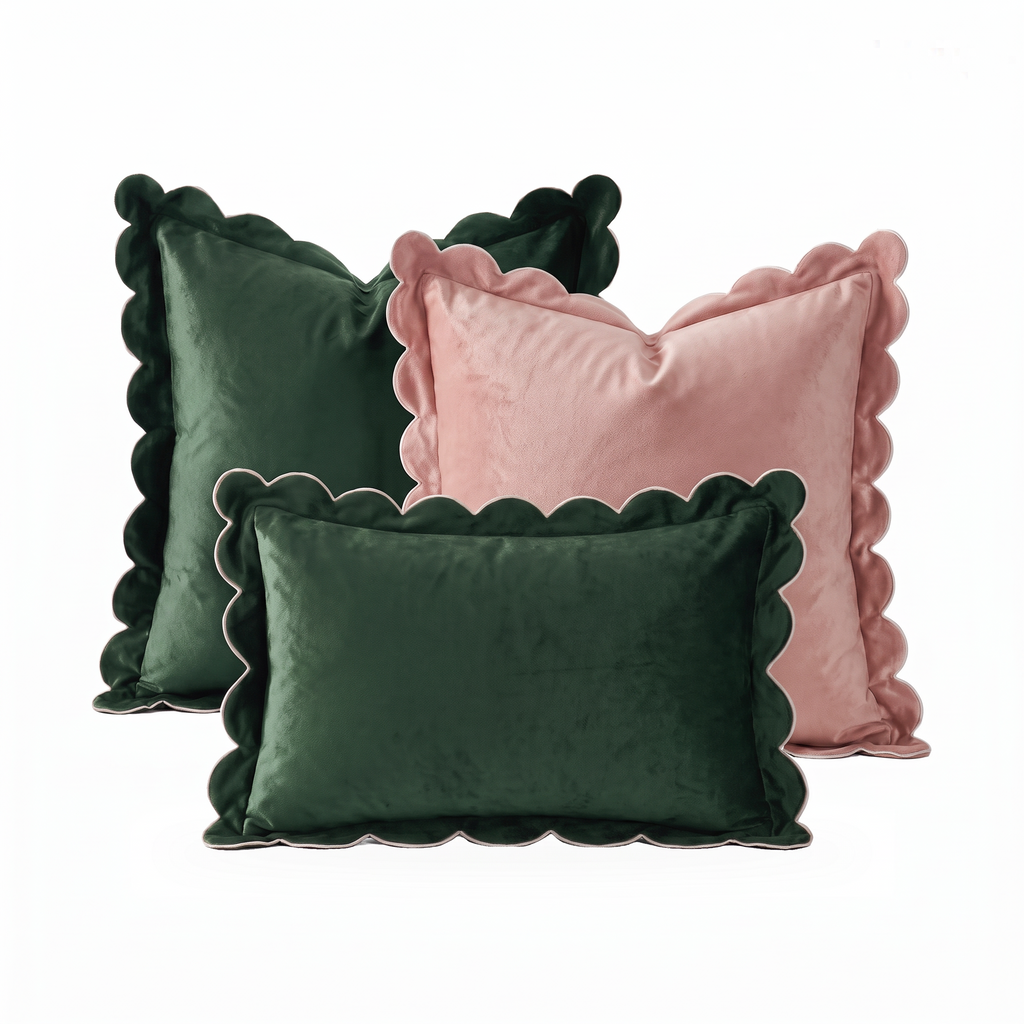 Wolgast set of three scalloped velvet cushion covers in forest green and pink
