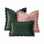 Wolgast set of three scalloped velvet cushion covers in forest green and pink