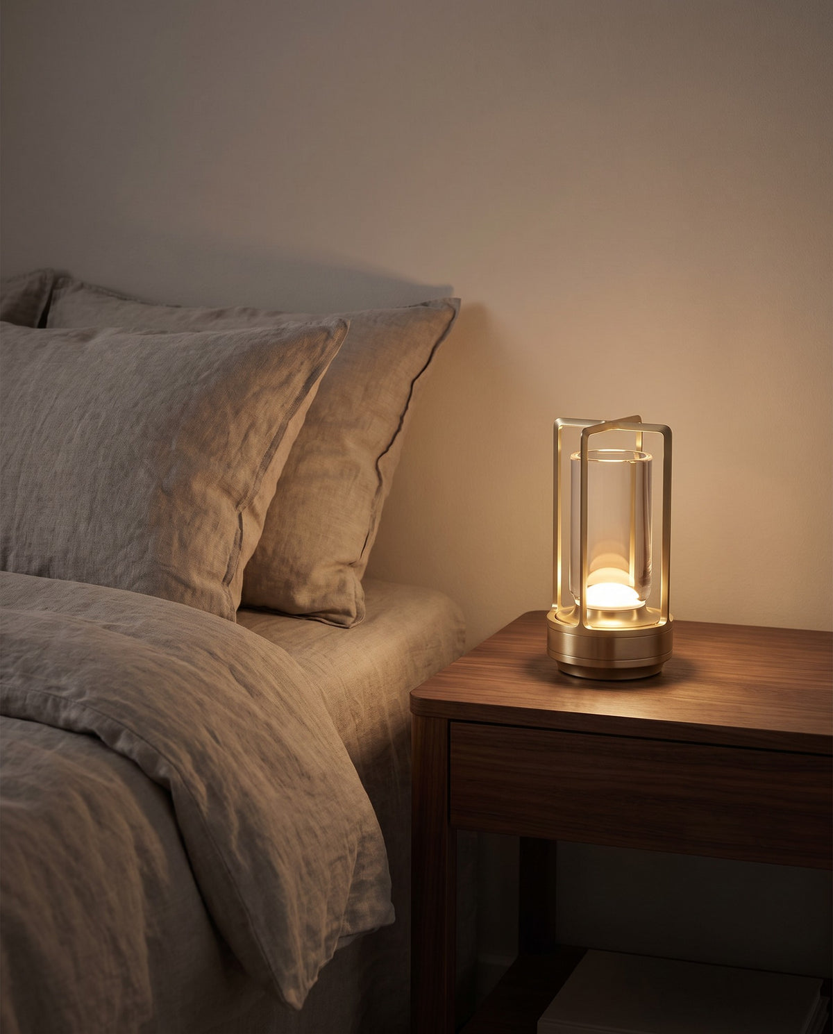 Zermatt gold lantern lamp glowing on a walnut bedside table